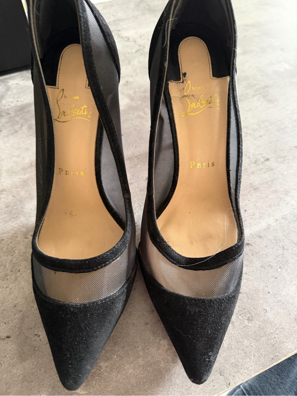 Christian Louboutin Black Mesh Pointed-Toe Suede Pumps with Transparent Panel - Picture 6 of 10
